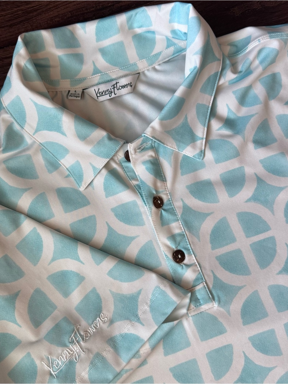 KENNY FLOWERS Polo Shirt WATERCOLOR BLUE INTERLOCKING CIRCLES Stretch Large Golf